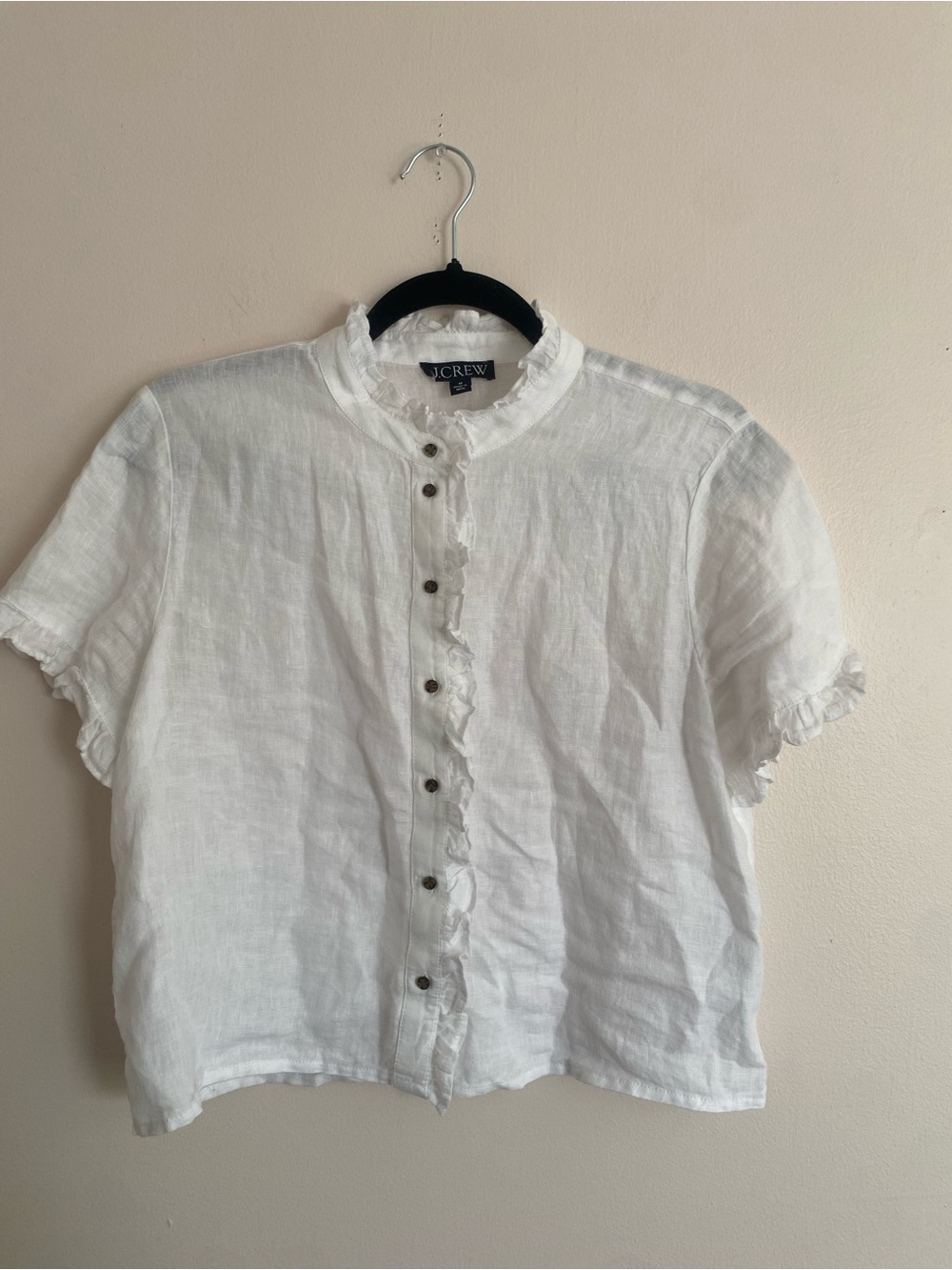 J. Crew White Linen Ruffle Collar Blouse